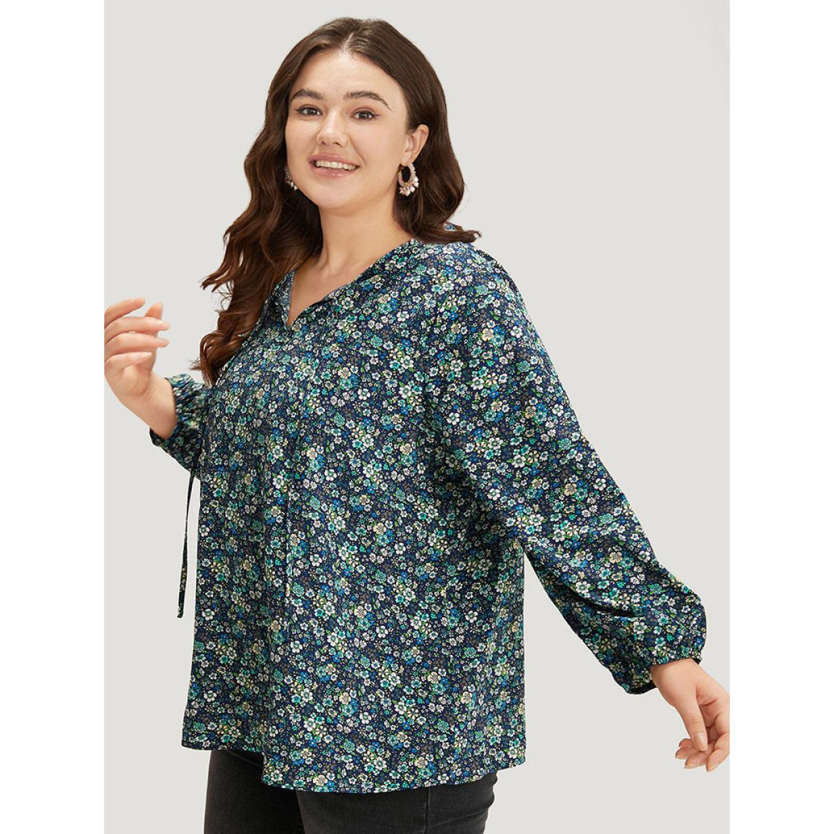 Plus Size Indigo Ditsy Floral Knot Neck Elastic Cuffs Blouse Women Elegant Long Sleeve Tie Neck Everyday Blouses BloomChic 14-16/1X Product Image