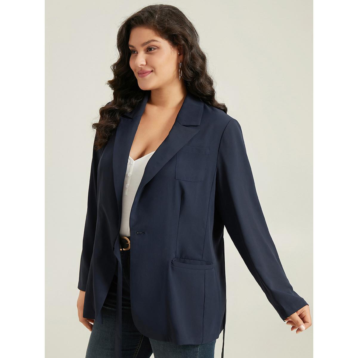 Plus Size Suit Collar Knot Pocket Blazer Indigo Women Dailywear Plain Plain Sleeve Long Sleeve Suit Collar 22-24/3X Pocket Casual Blazers BloomChic Product Image