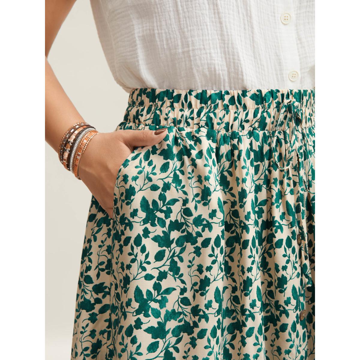 Plus Size Stretchy Waist Boho Print Tied Midi Skirt Women Turquoise Elegant Drawstring Bodycon Low stretch Slanted pocket Everyday Skirts BloomChic 10/M Product Image