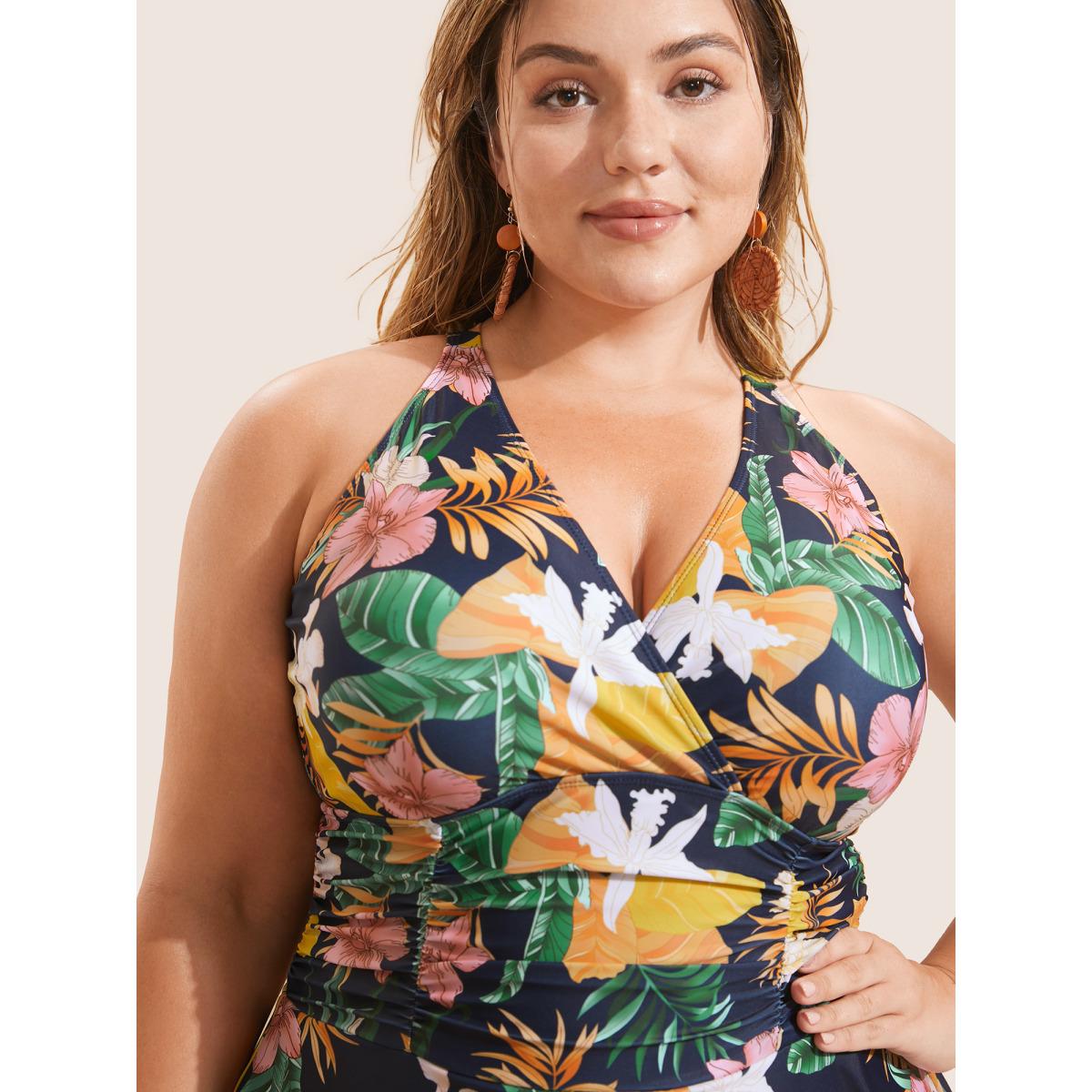 Plus Size Tropical Adjustable Straps Ruched Swim Dress Women's Swimwear Multicolor Beach Bodycon Overlap Collar High stretch Curve Swim Dresses BloomChic 28/5X Product Image