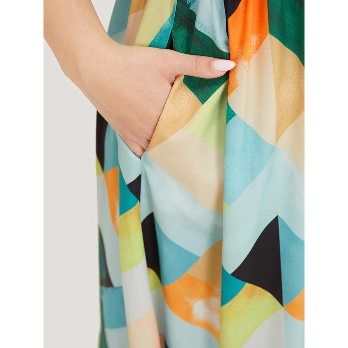 Plus Size Geometric Print Shirred Ruffle Hem Pocket Dress Multicolor Women Elegant Gathered V-neck Short sleeve Curvy Midi Dress BloomChic 14-16/1X Product Image