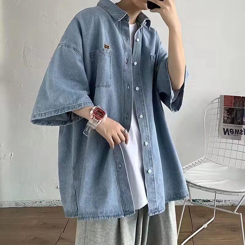 Elbow Sleeve Collared Washed Denim Shirt Product Image