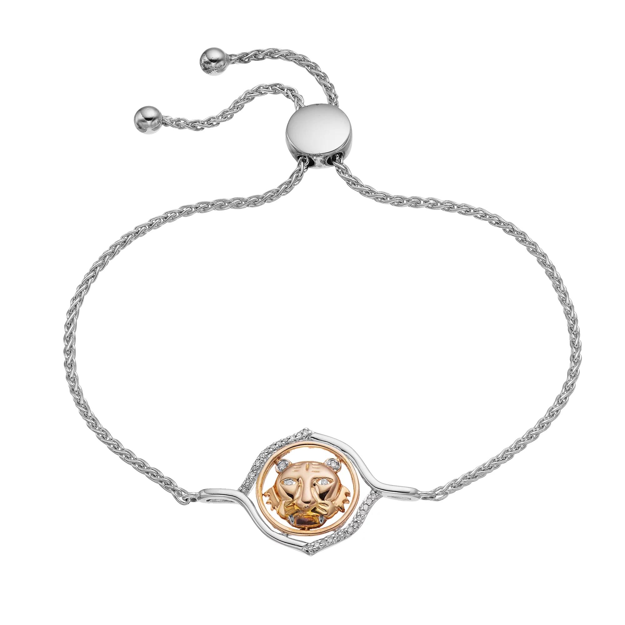 Two-Tone Sterling Silver 1/10 Carat T.W. Diamond Tiger Face Adjustable Bracelet, Women's, Size: 9.75, Two Tone Product Image