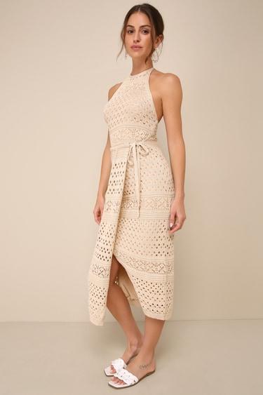 Blissful Strolls Beige Crochet Faux-Wrap Halter Midi Dress Product Image