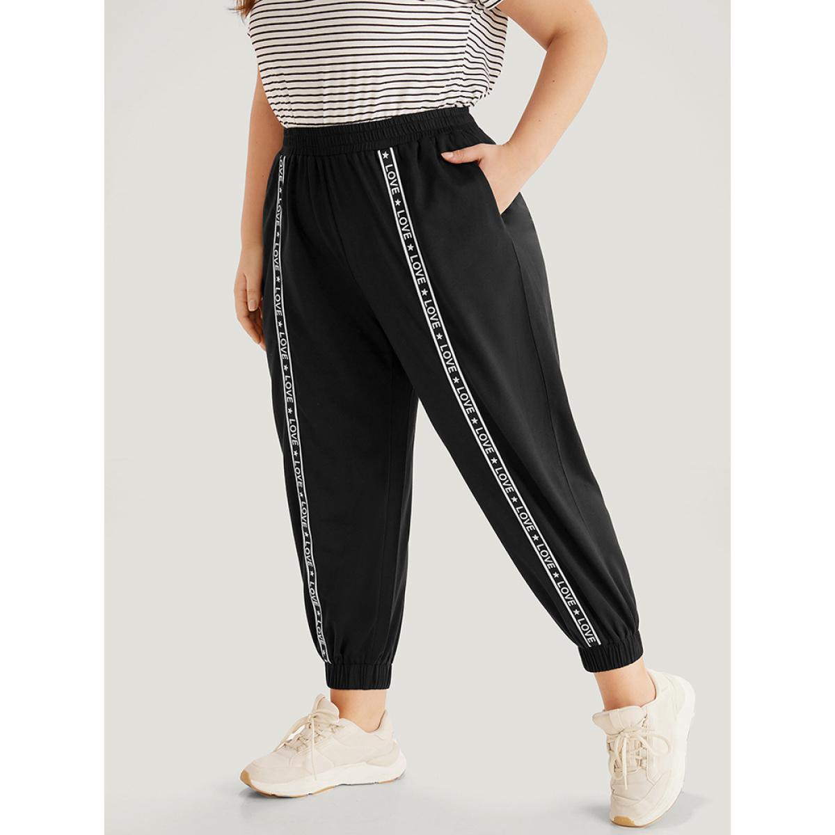Plain Pocket Contrast Webbing Sweatpants Black Plus Size Women Casual Dailywear Plain 14-16/1X Bloomchic Product Image