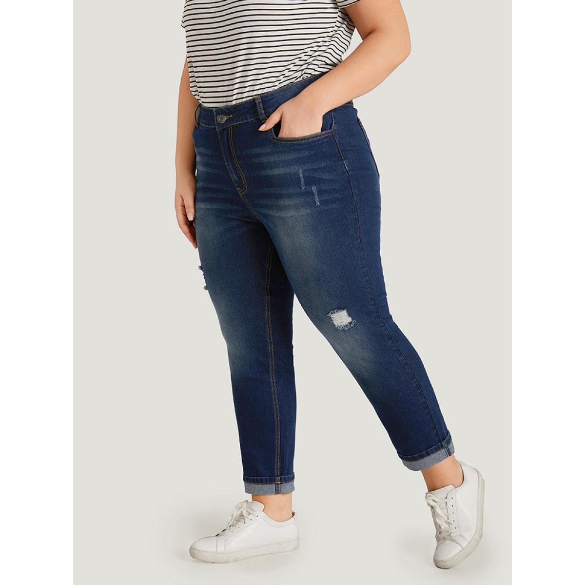 Plus Size Ripped Roll Hem Pocket Very Stretchy Jeans Women Indigo Casual Plain Plain High stretch Jeans BloomChic 10/M Product Image