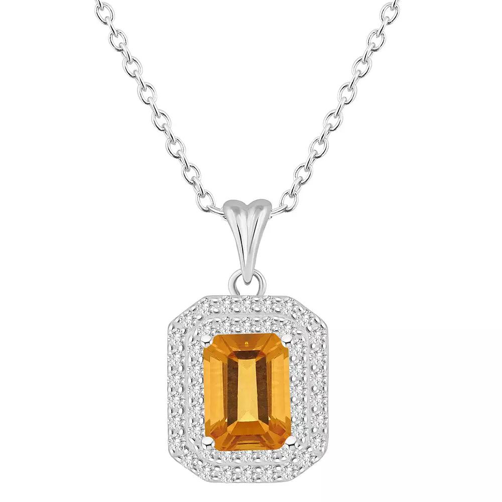 Celebration Gems Sterling Silver Emerald-Cut Peridot & White Topaz Double Halo Pendant Necklace, Women's,  Product Image