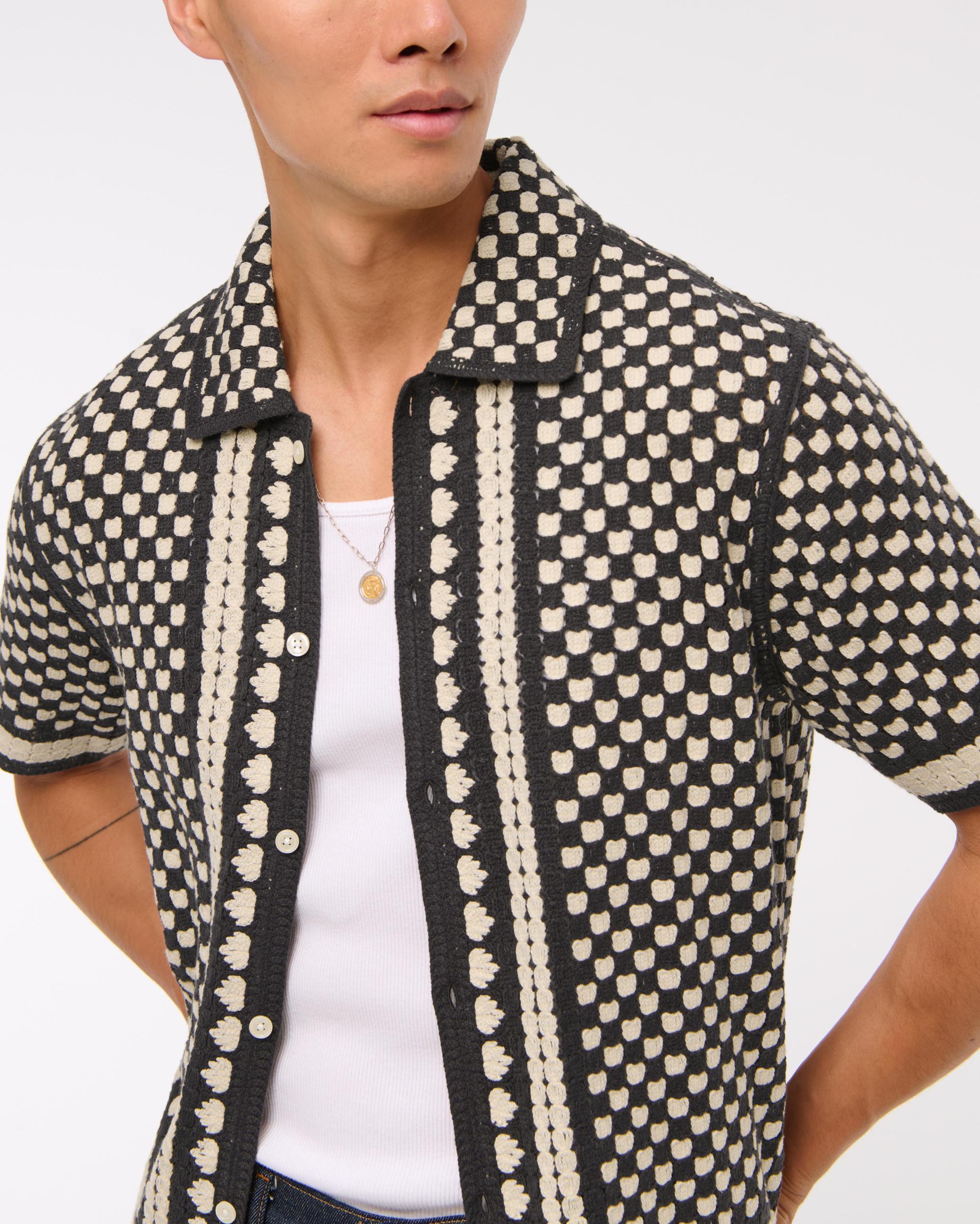 Crochet-Style Border Stripe Button-Through Sweater Polo Product Image