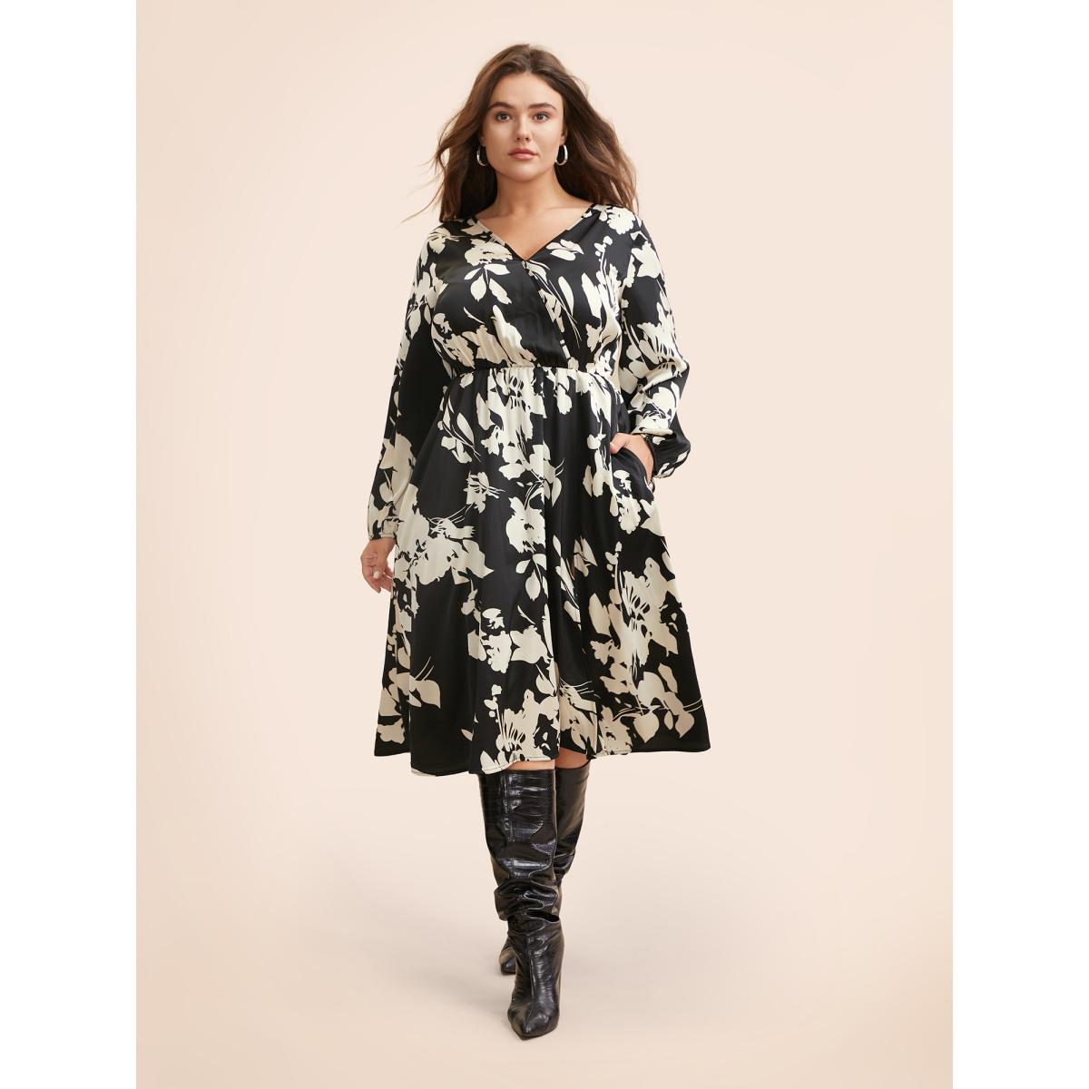 Plus Size Overlap Collar Silhouette Floral Print Gathered Dress Black Women Elegant Slit Overlap Collar Long Sleeve Curvy BloomChic 26/4X Product Image