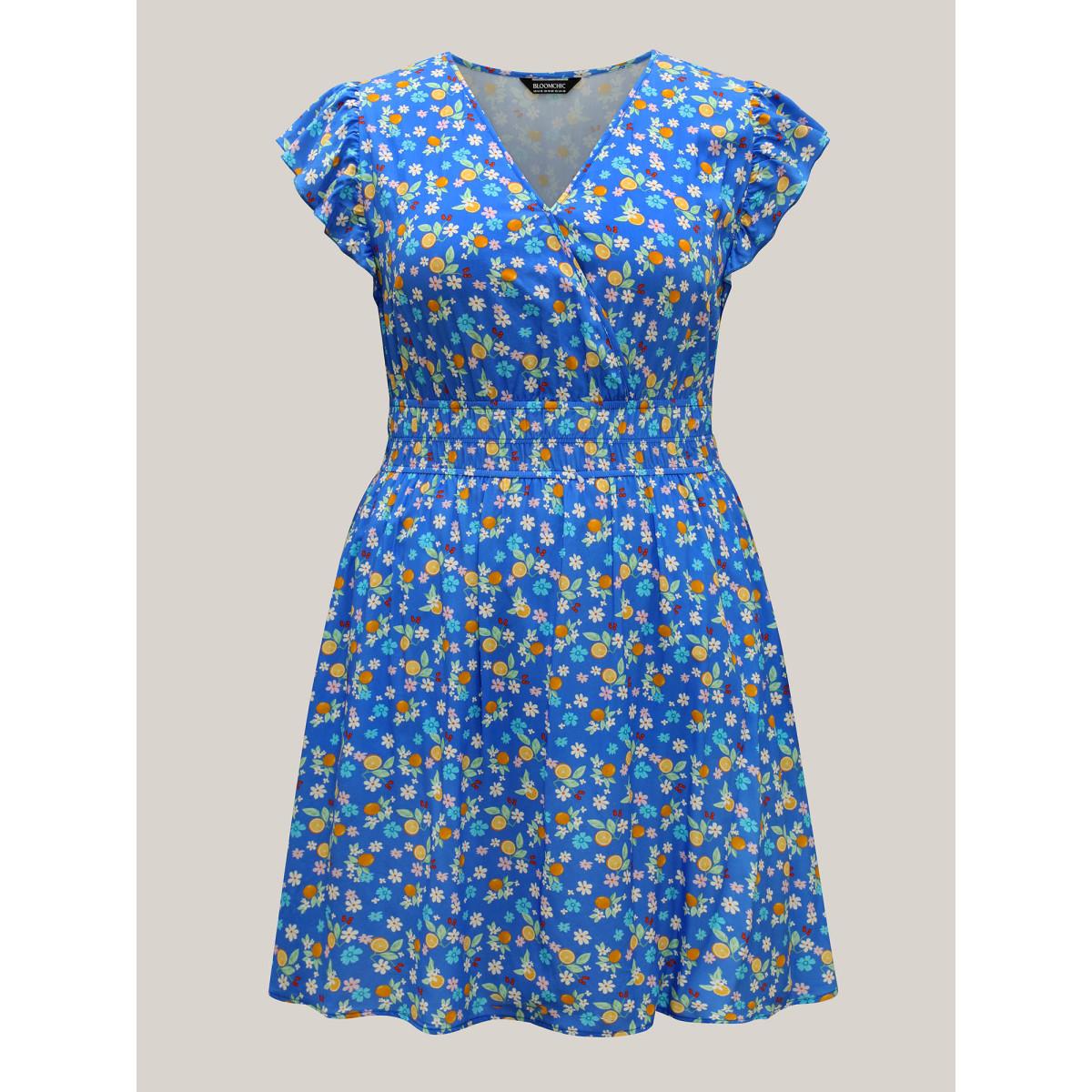 Plus Size Fruity Floral Stretchy Waist Midi Dress Skyblue Women Leisure Overlap Collar Cap Sleeve Curvy BloomChic 26/4X Product Image