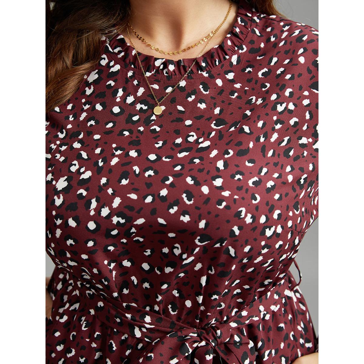 Plus Size Allover Print Elastic Cuffs Frill Trim Belted Dress Burgundy Women Elegant Elastic cuffs Mock Neck Long Sleeve Curvy Midi Dress BloomChic 12/L Product Image