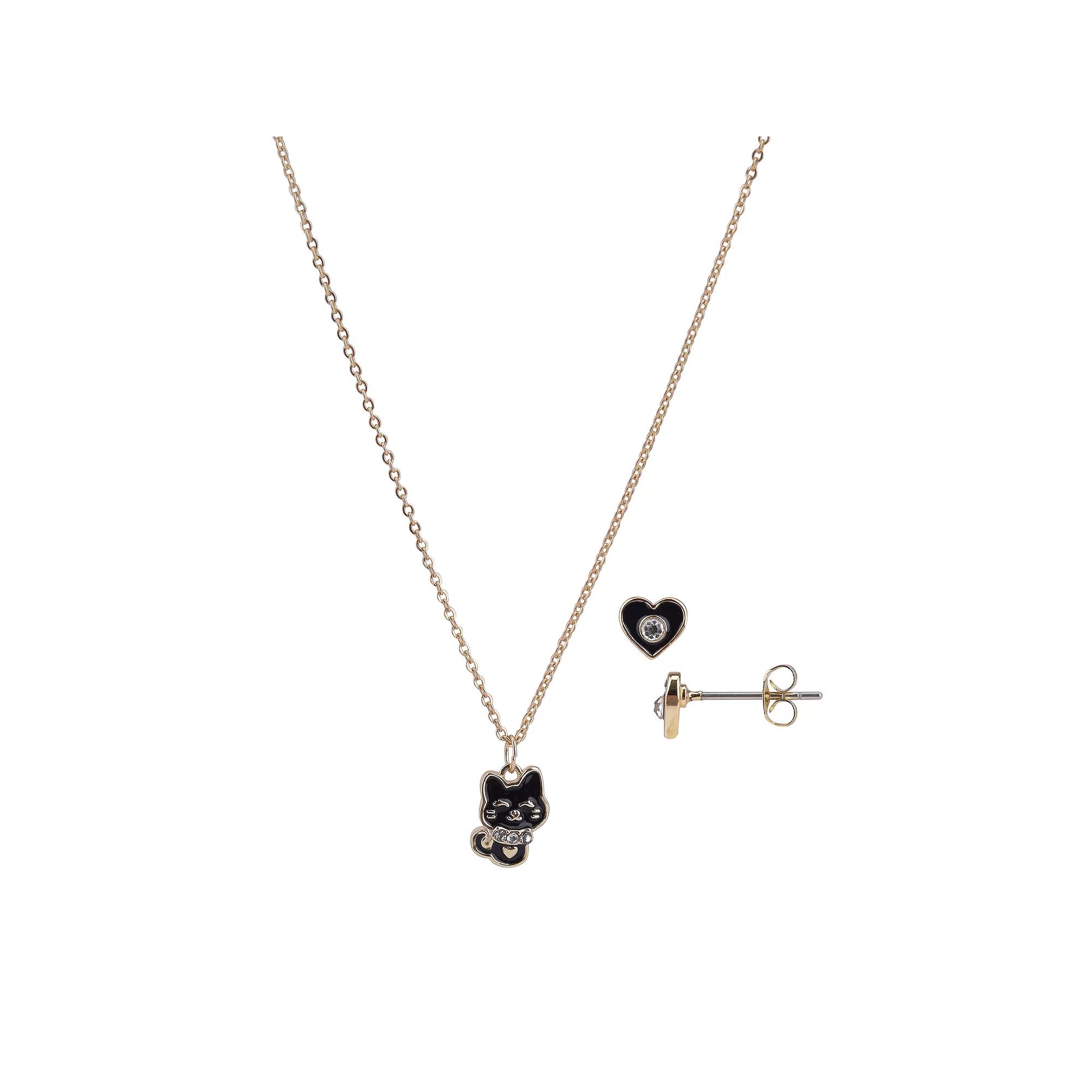 FAO Schwarz Gold Tone Kitty Necklace & Earrings Set, Womens, Black Product Image