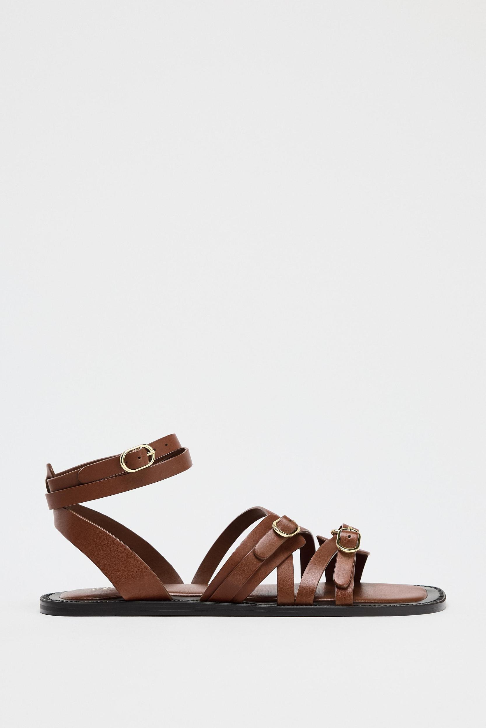 FLAT LEATHER STRAP SANDALS Product Image