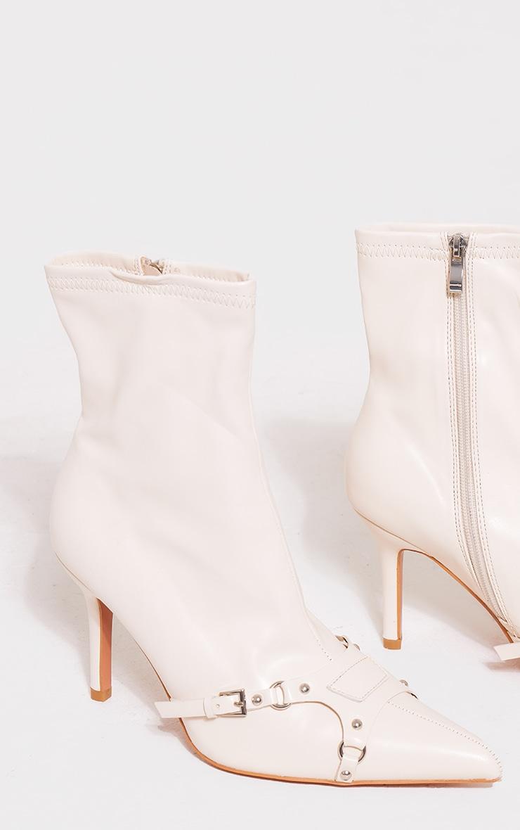 Cream Wide Fit Faux Leather Point Toe Buckle Detail Tab Ankle Heeled Boots Product Image