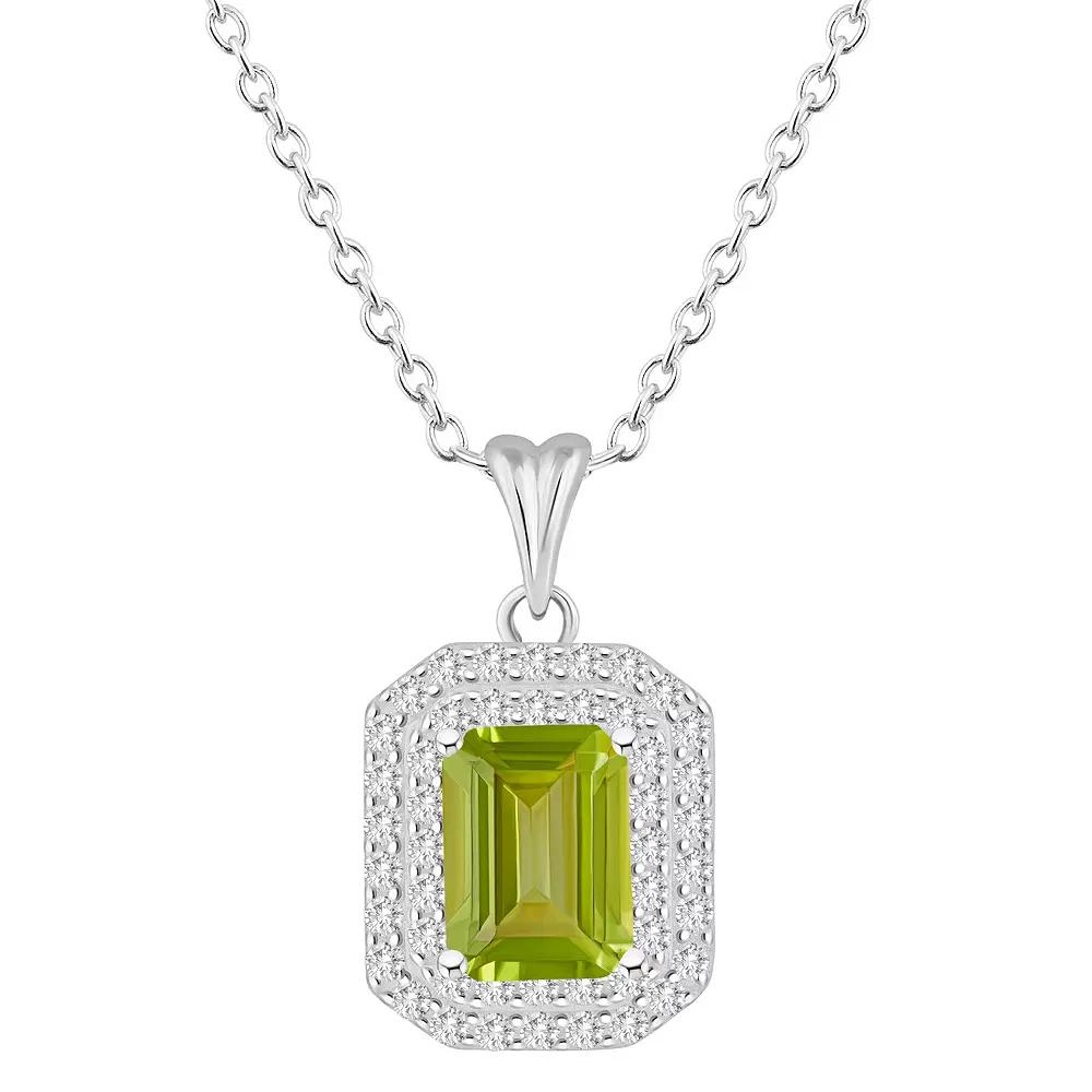 Celebration Gems Sterling Silver Emerald-Cut Peridot & White Topaz Double Halo Pendant Necklace, Women's,  Product Image