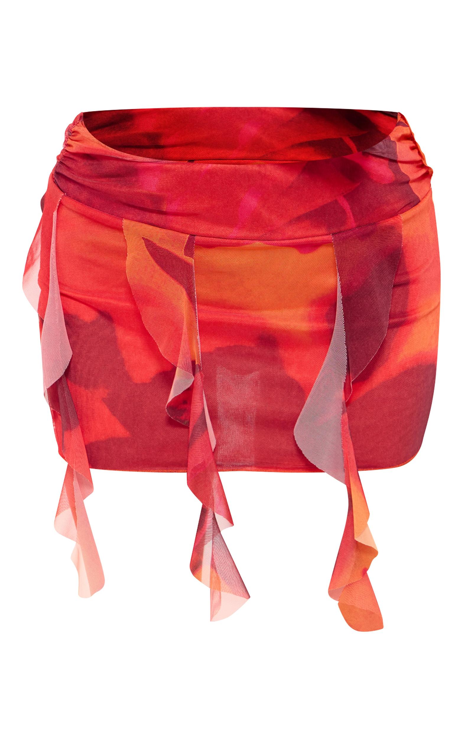 Red Floral Printed Ruffle Hem Mini Skirt Product Image