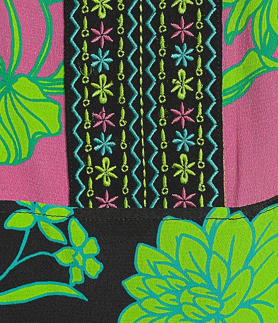 John Mark Plus Size Embroidered Printed Split Round Neck 3/4 Dolman Sleeve Tassel Tie Tunic Product Image