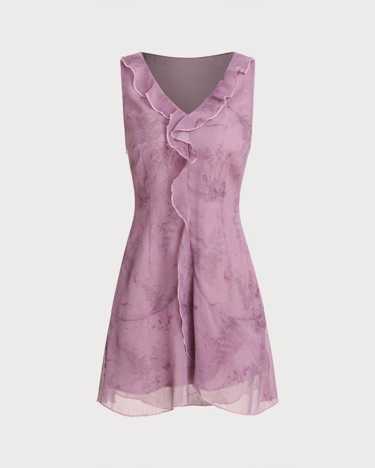 Purple Floral V Neck Ruffle Sleeveless Mini Dress Product Image