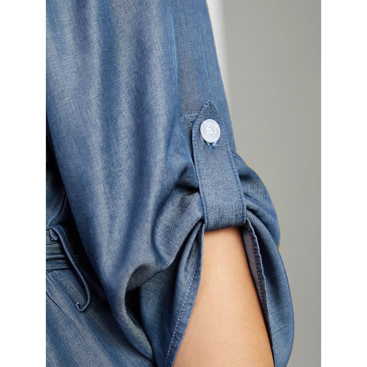 Plus Size Plain Button Detail Wrap Belted Tab Sleeve Dress Indigo Women Casual Plain V-neck Long Sleeve Curvy Midi Dress BloomChic 22-24/3X Product Image