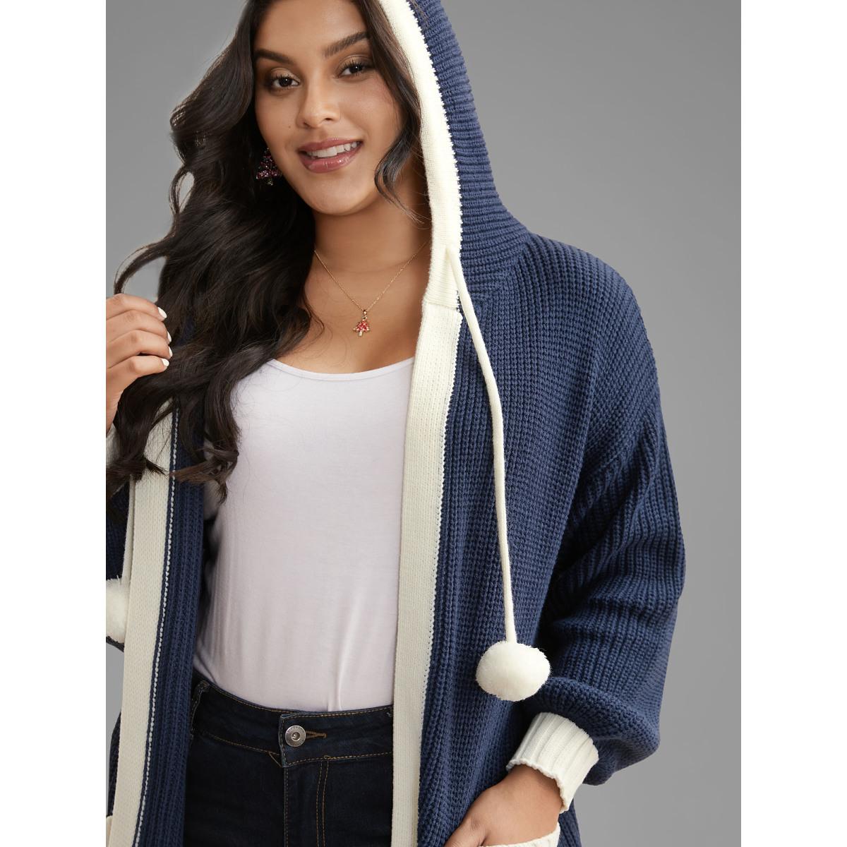 Plus Size Contrast Hood Hemline Pockets Open Cardigan Indigo Women Casual Loose Long Sleeve Everyday Cardigans BloomChic 18-20/2X Product Image