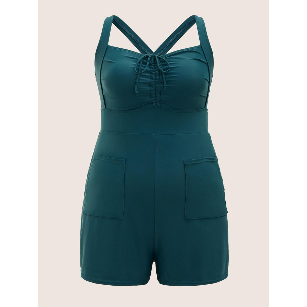 Plus Size Plain Patched Pocket Drawstring One Piece Swimsuit Women's Swimwear Cyan Resort Gathered Curve Bathing Suits High stretch One Pieces BloomChic 10/M Product Image