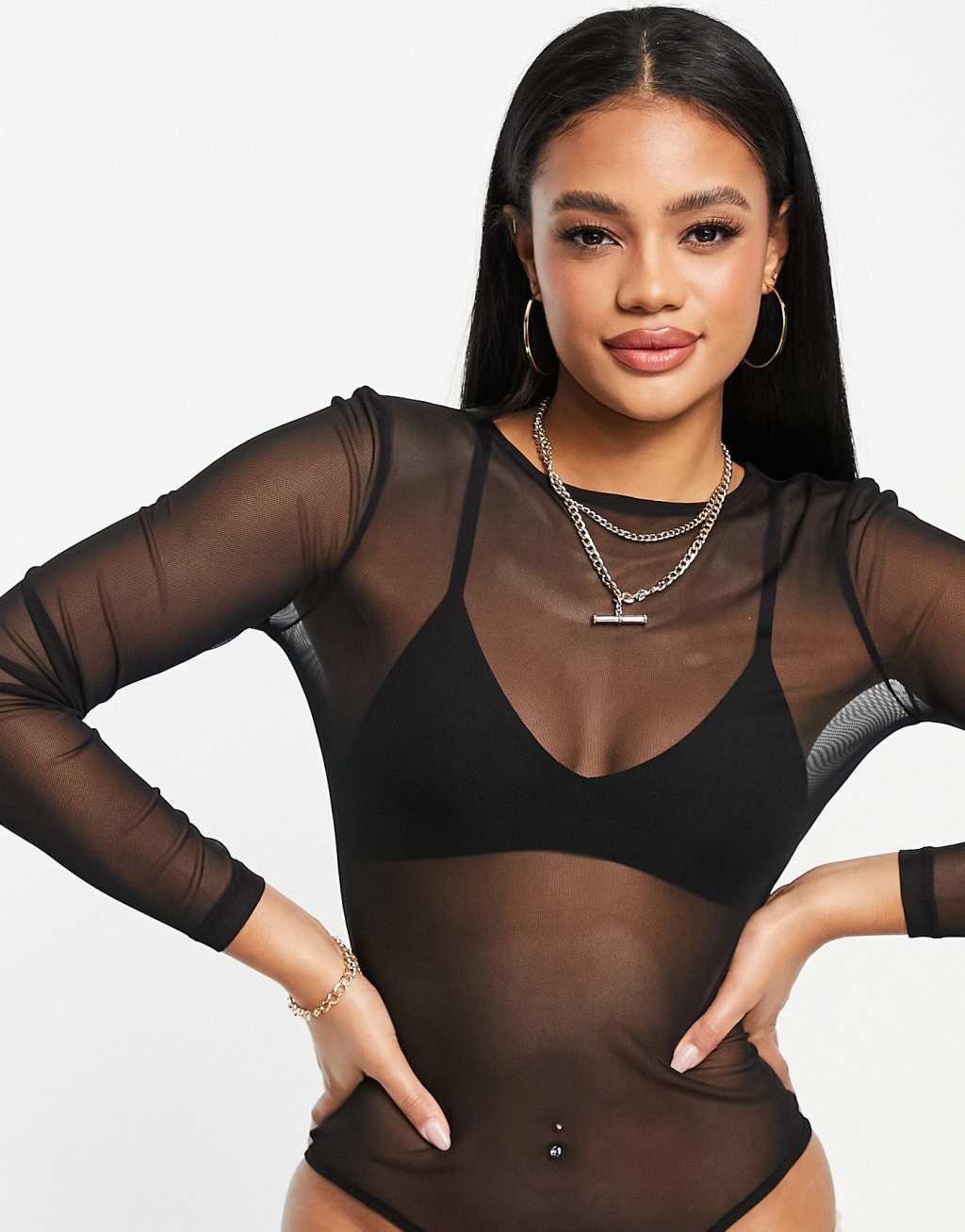 ASOS DESIGN mesh long sleeve bodysuit in black - BLACK Product Image