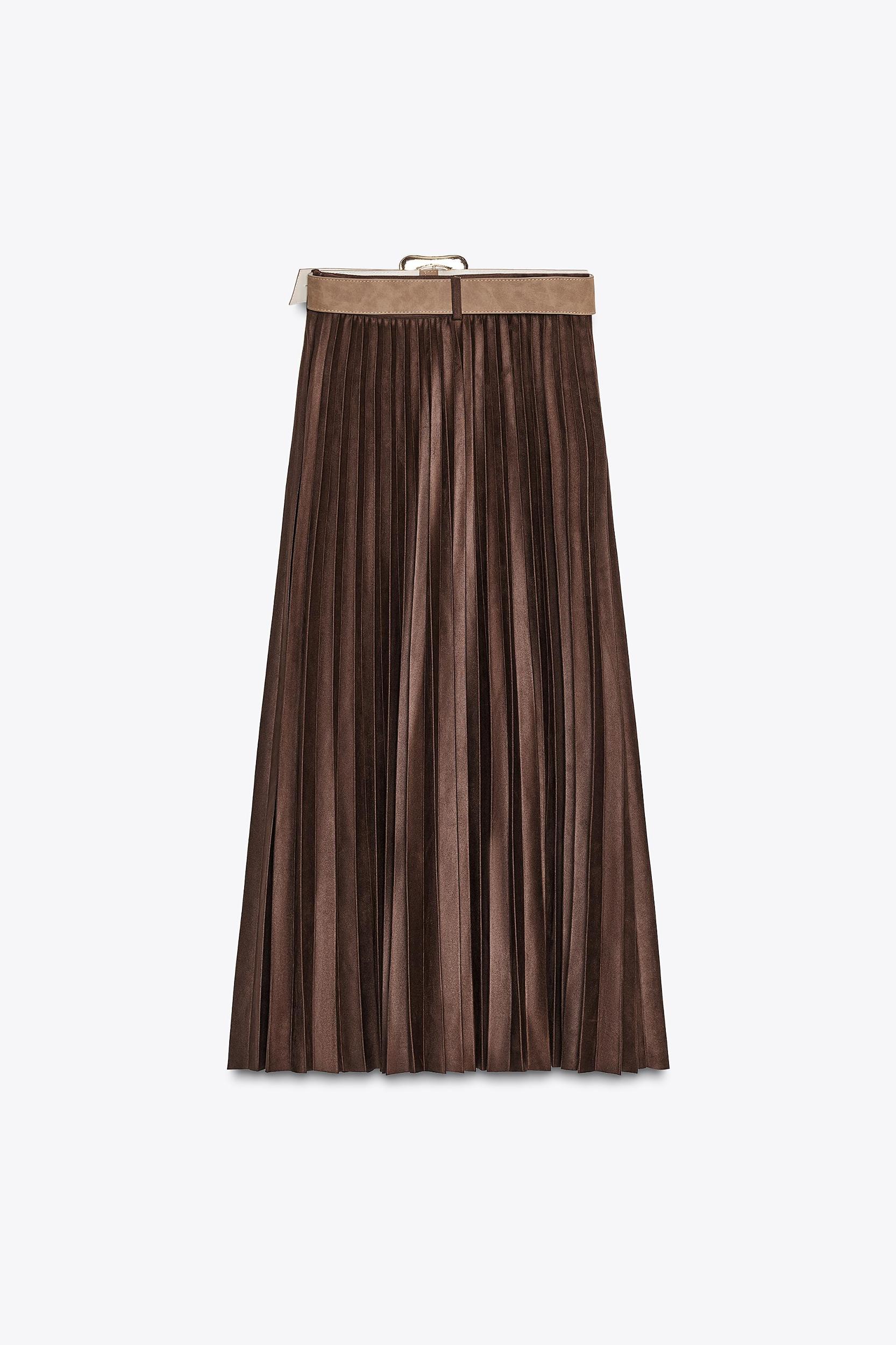BELTED FAUX SUEDE EFFECT PLEATED MIDI SKIRT Product Image