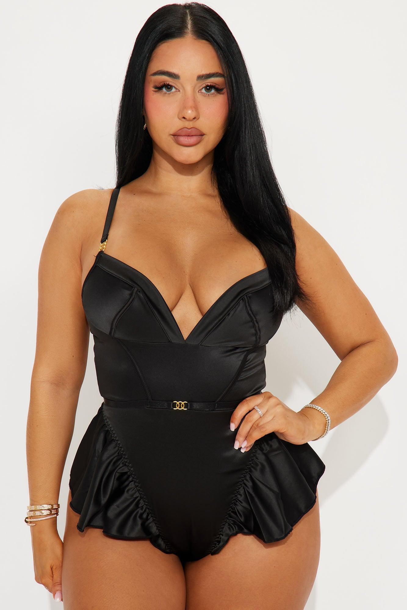 Under Your Spell Ruffle Satin Teddy - Black Product Image