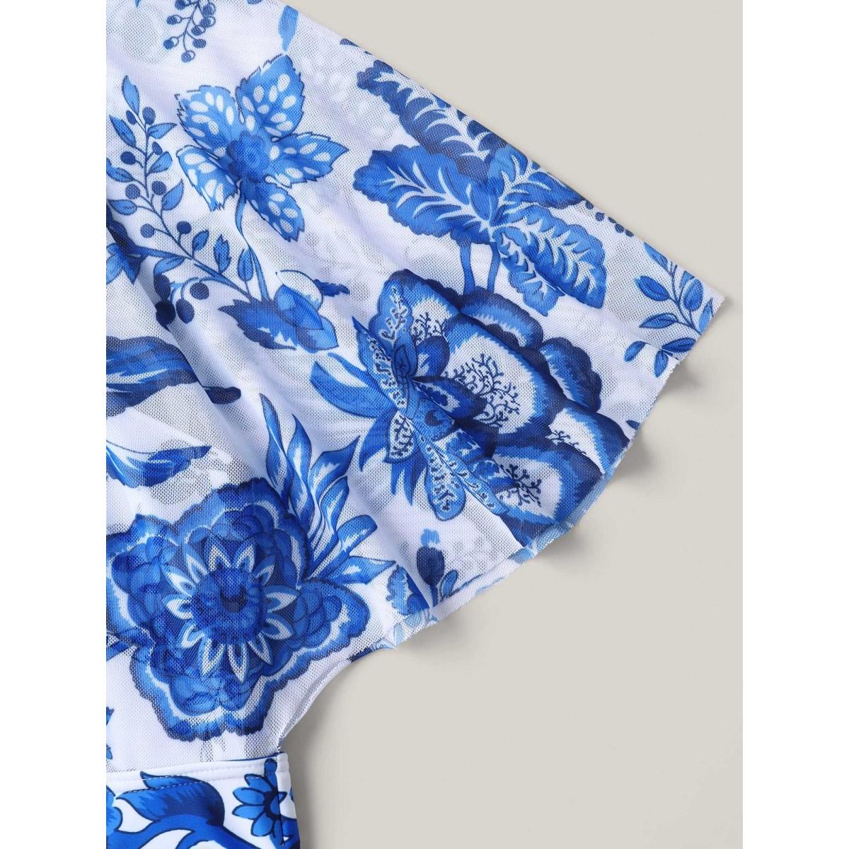 Plus Size Ruched Sheer Floral One-Piece Swimsuit Women's Swimwear Indigo Resort Gathered Curve Bathing Suits High stretch One Pieces BloomChic 26/4X Product Image