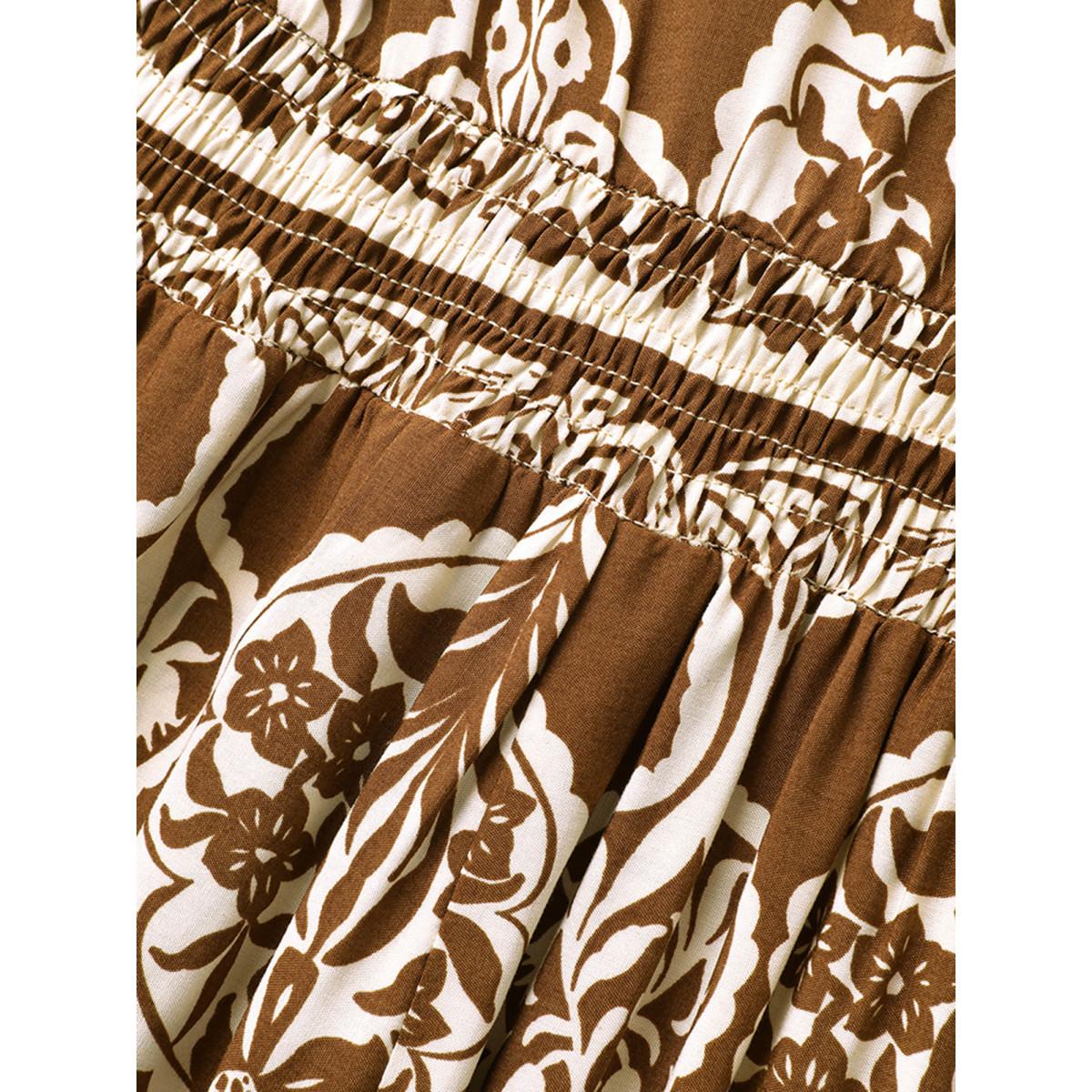 Plus Size Bandana Shirred Pompom Trim Midi Dress Yellowishbrown Women Resort Woven ribbon&lace trim V-neck Sleeveless Curvy BloomChic 22-24/3X Product Image