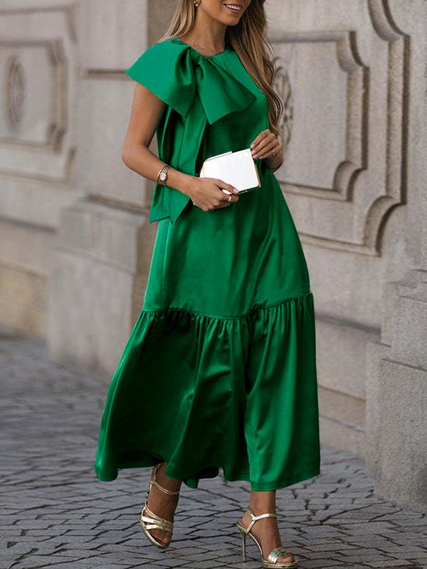 Sleeveless Bowknot Pleated Split-Joint Round-Neck Maxi Dresses Product Image