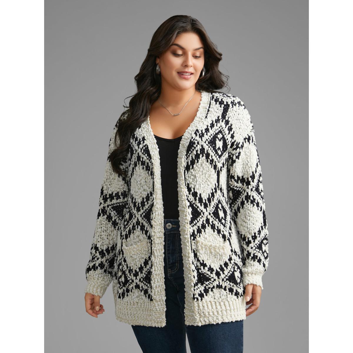 Plus Size Bandana Jacquard Patched Pocket Drop Shoulder Cardigan Black Women Casual Loose Long Sleeve Everyday Cardigans BloomChic 22-24/3X Product Image