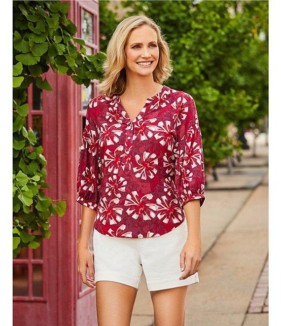 Westbound Petite Size Abstract Elbow Puff Sleeve Partial Button Front Top Product Image