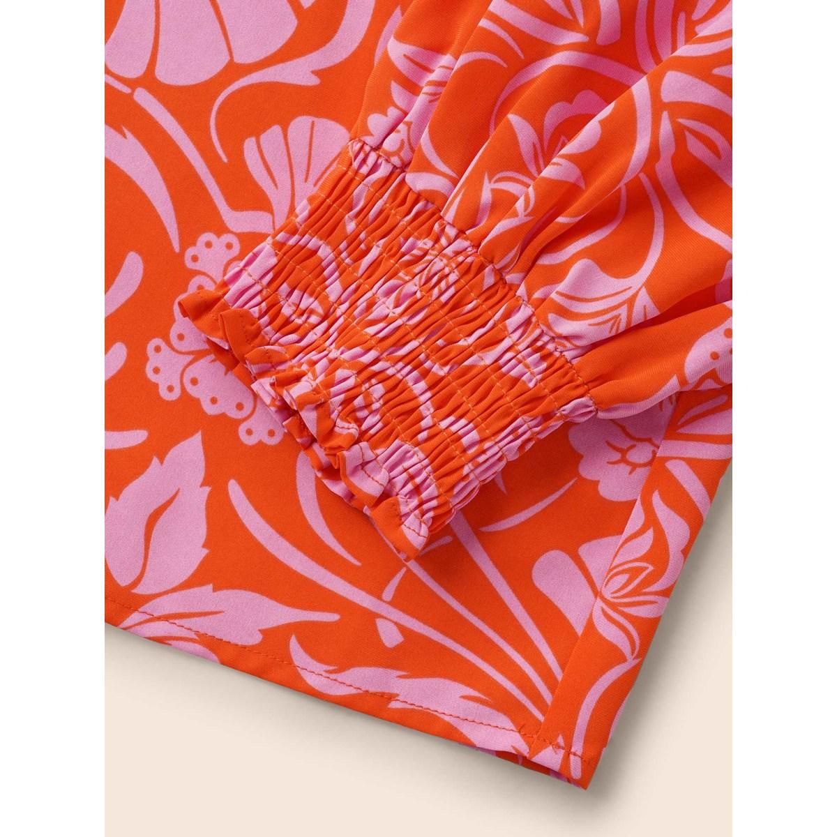 Plus Size Rosered Floral Shirred Frill Trim Lantern Sleeve Blouse Women Elegant Long Sleeve V-neck Everyday Blouses BloomChic 26/4X Product Image