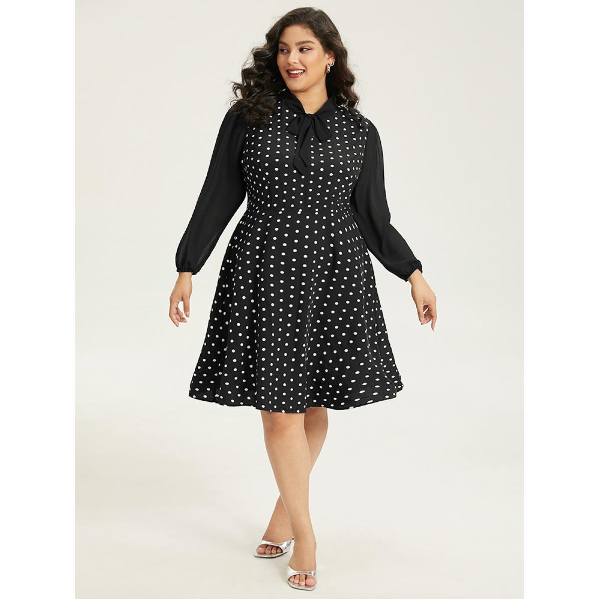 Plus Size Polka Dot Patchwork Knot Lantern Sleeve Dress Black Women Office Elastic cuffs Tie Neck Long Sleeve Curvy Midi Dress BloomChic 10/M Product Image
