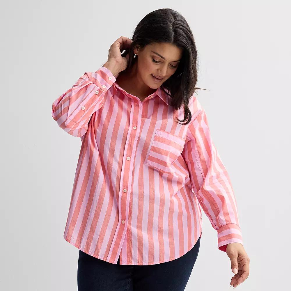 Plus Size Sonoma Goods For Life Oversized Boyfriend Shirt, Womens Peach Pink Stripe Product Image