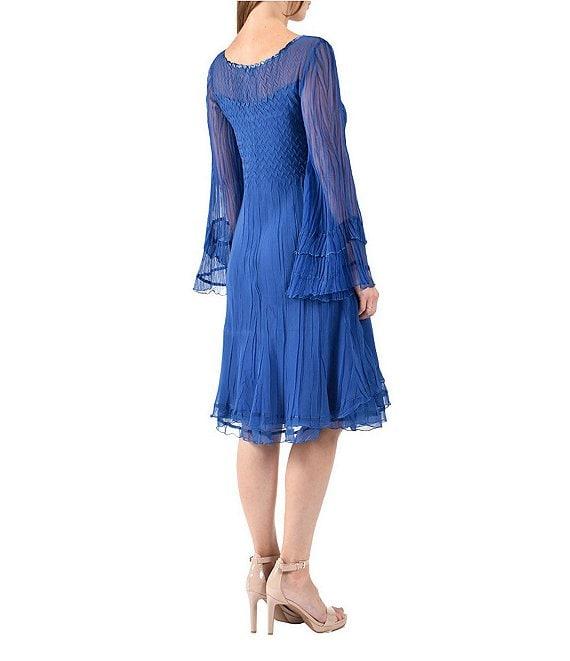 Komarov Pleated Chiffon Keyhole Neck Long Sleeve Fit and Flare Dress Product Image