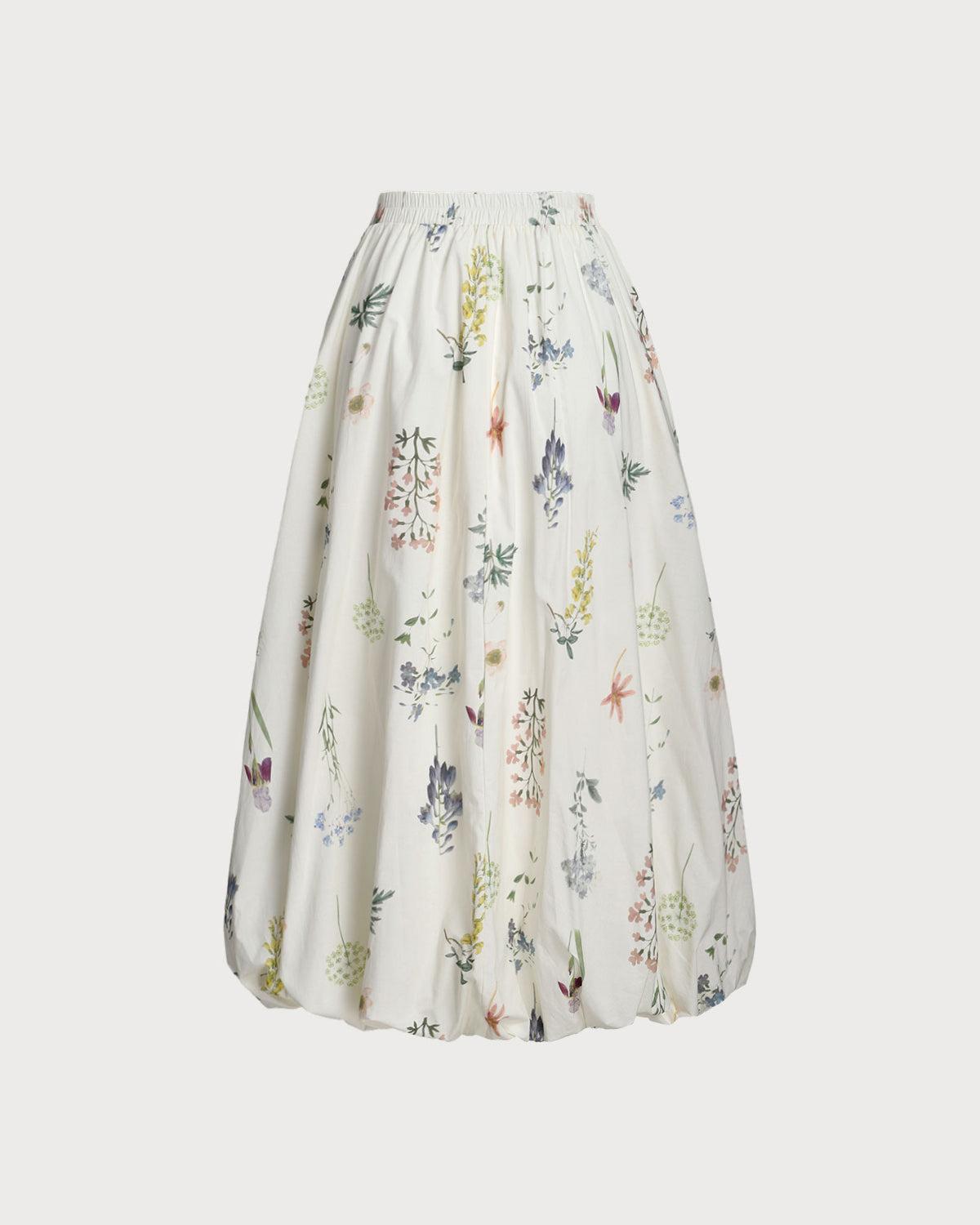 Beige Floral Elastic Waist Pocket Midi Skirt Product Image