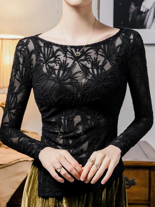 Long Sleeves Plus Size Hollow See-Through Solid Color Split-Side Round-Neck T-Shirts Tops Product Image