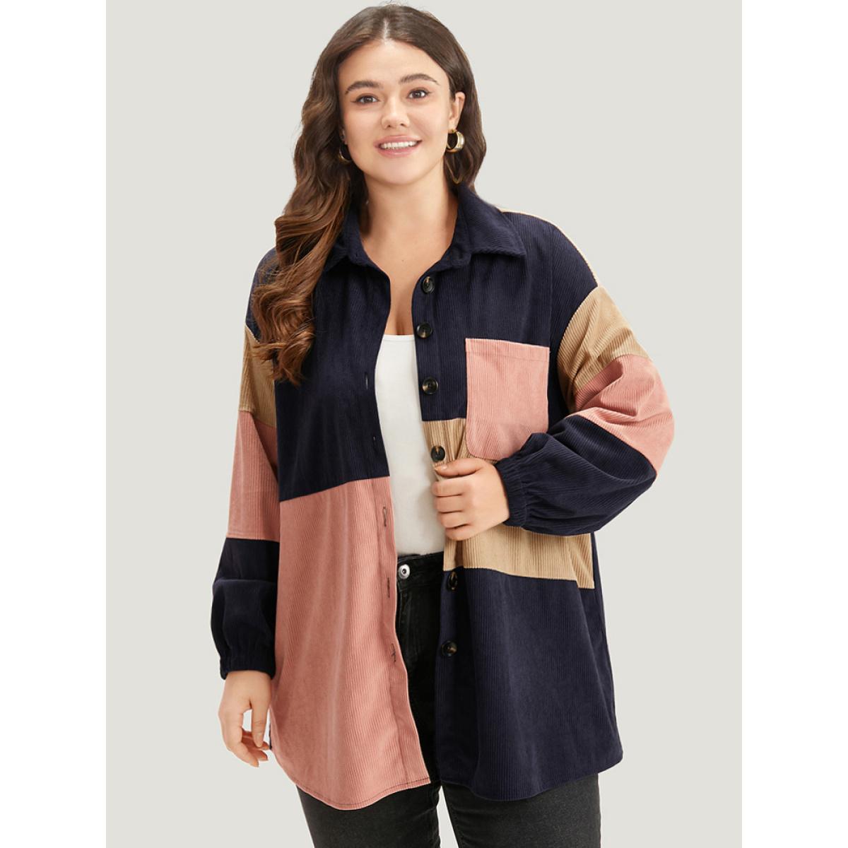 Plus Size Colorblock Contrast Patchwork Pocket Button Through Jacket Women DarkBlue Pocket Dailywear Jackets BloomChic 26/4X Product Image