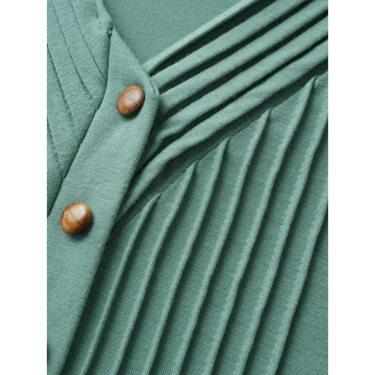 Plus Size V Neck Drawstring Button Detail Pleated Dress Mint Women Casual Pleated V-neck Sleeveless Curvy BloomChic 14-16/1X Product Image