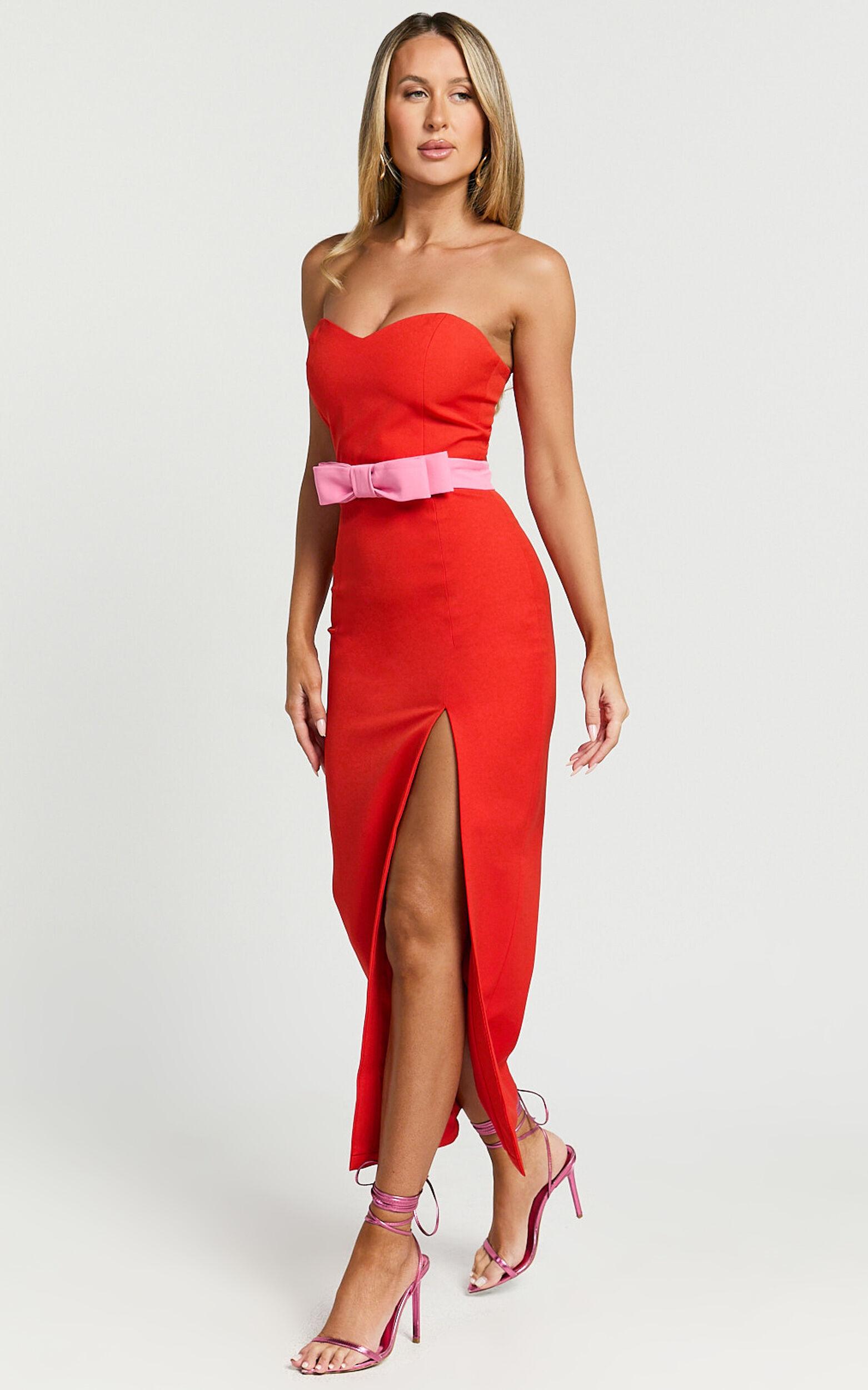 Veronica Midi Dress - Sweetheart Strapless Bow Detail High Split Dress in Red Product Image