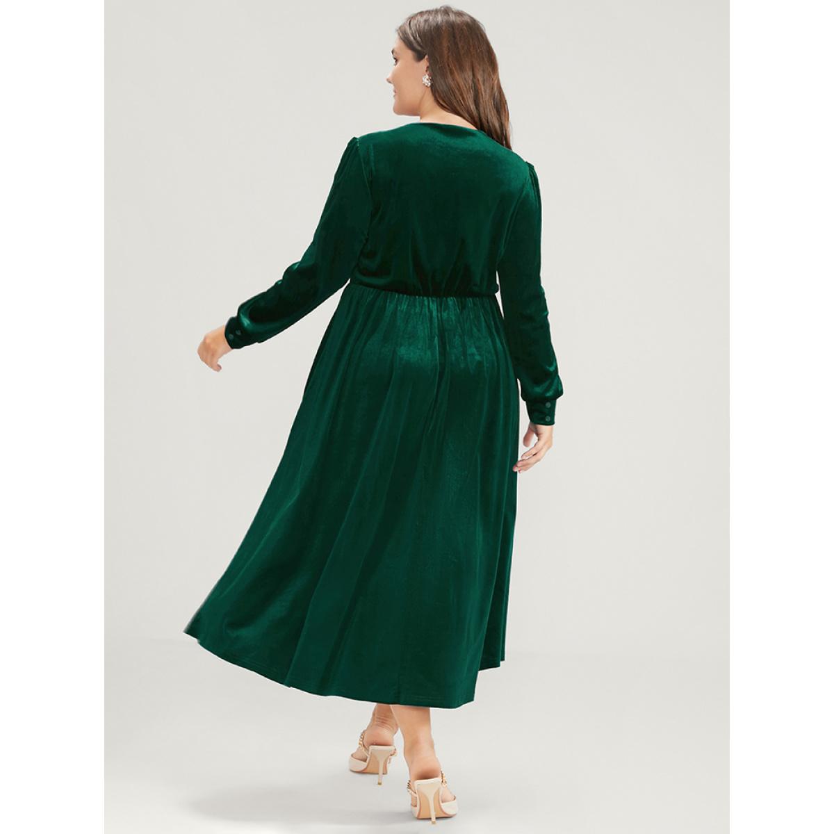 Plus Size Solid V Neck Button Detail Pocket Velvet Dress Green Women Glamour Button V-neck Long Sleeve Curvy Midi Dress BloomChic 10/M Product Image
