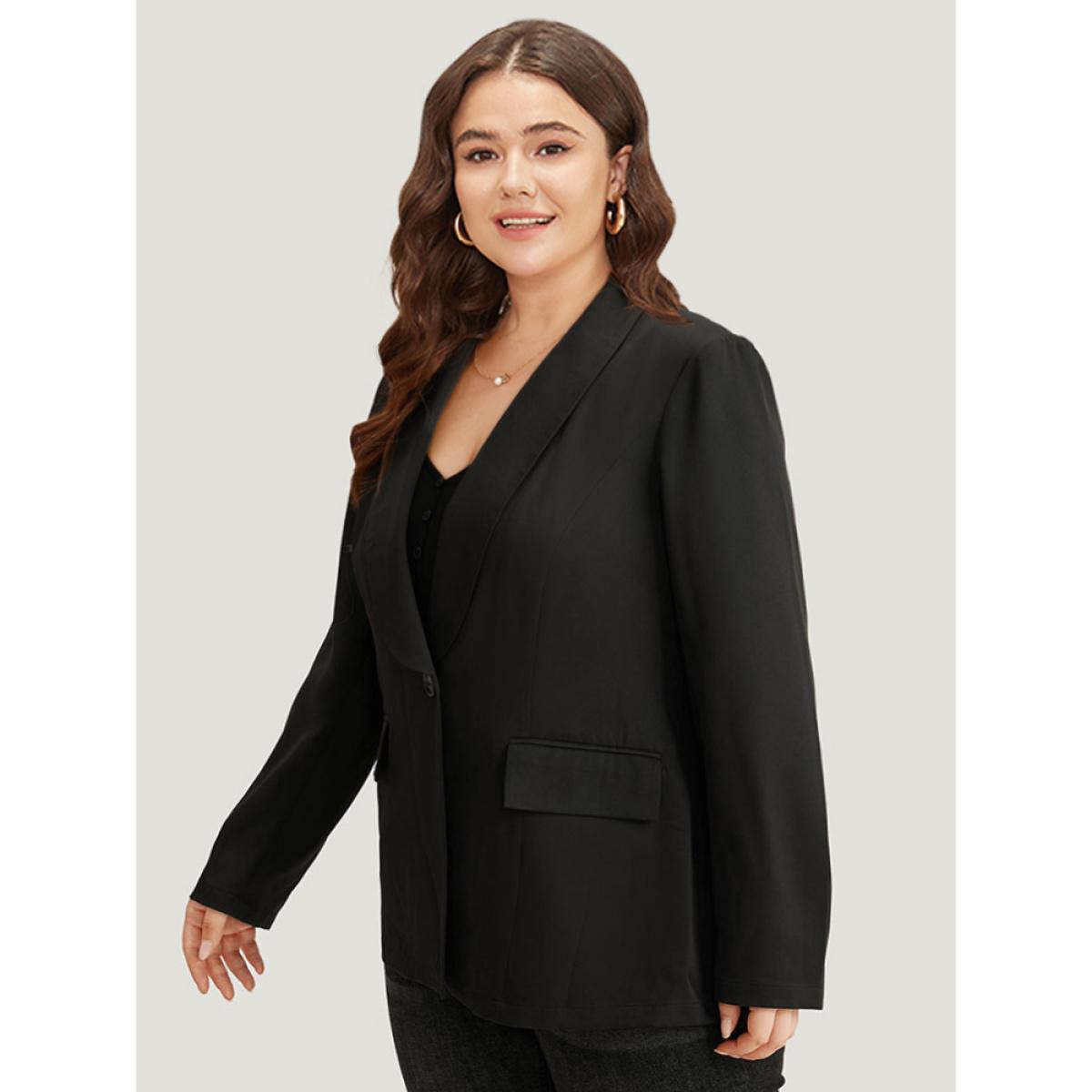 Plus Size Plain Suit Collar Button Up Pocket Blazer Black Women Work Plain Plain Sleeve Long Sleeve Suit Collar 22-24/3X Pocket At the Office Blazers BloomChic Product Image