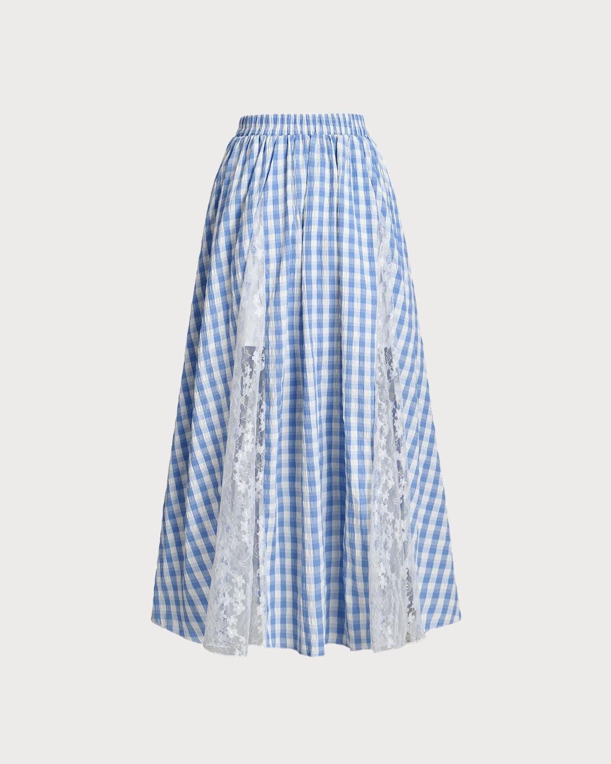 Blue Plaid Elastic Waist Midi Skirt Product Image