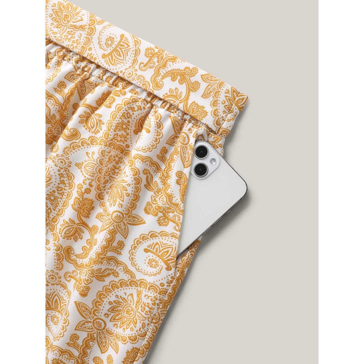 Plus Size Paisely Print Lace Trim Wide-Leg Pants Women Lightyellow Boho Wide Leg Mid Rise Vacation Pants BloomChic 26/4X Product Image