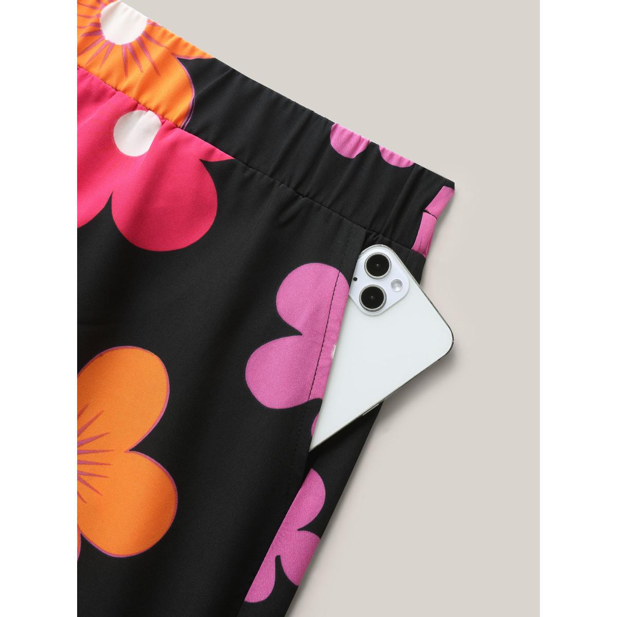 Plus Size Colorful Large Floral Print Wide-Leg Pants Women BlackFlower Playful Wide Leg Mid Rise Casual Pants BloomChic 10/M Product Image