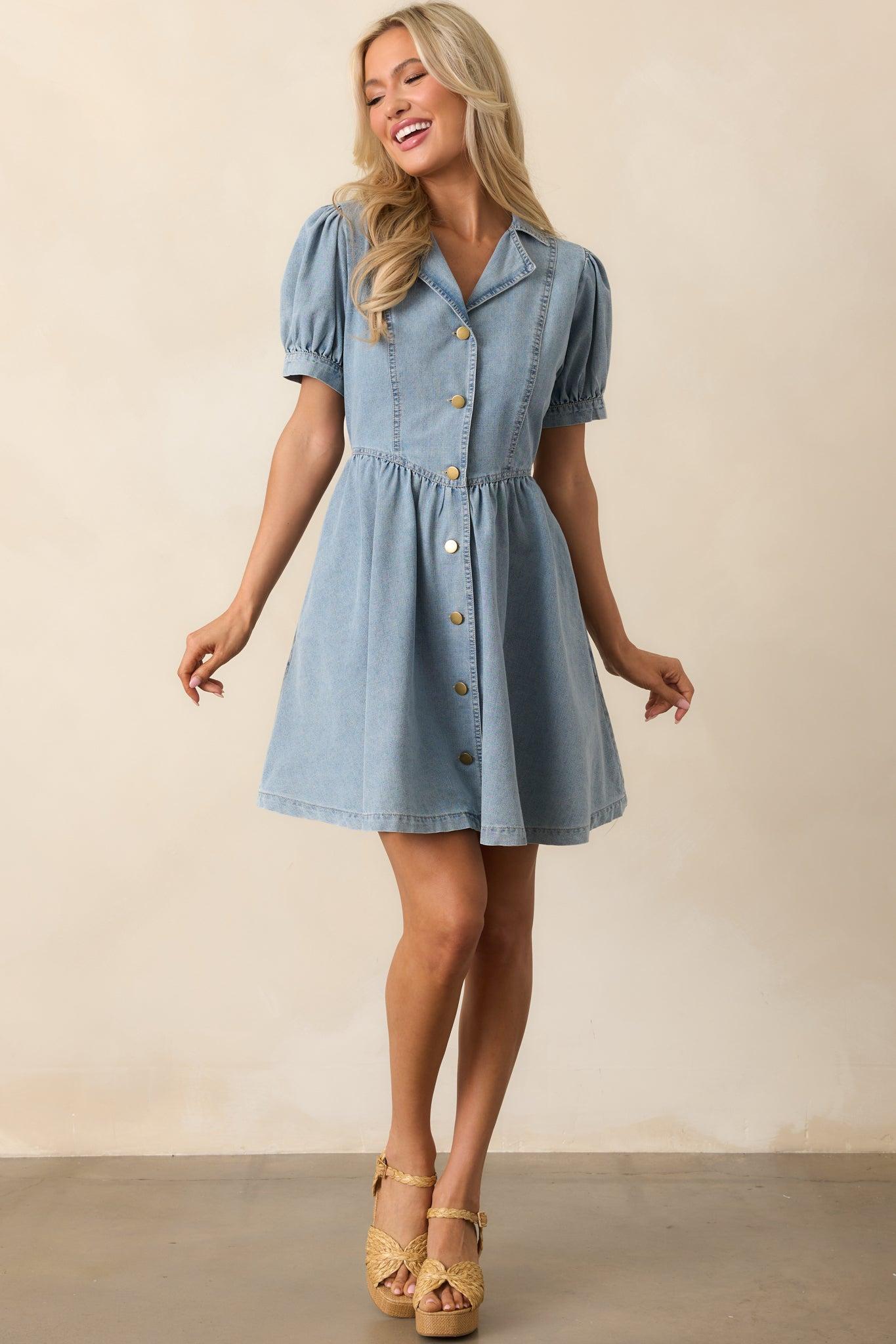 The World Awaits Light Wash Denim Mini Shirt Dress Product Image