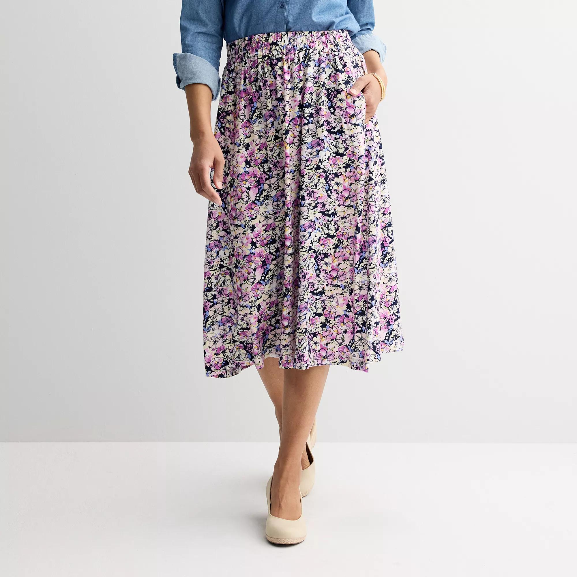 Petite Croft & Barrow Tiered Polished-Front Pull-On Skirt, Women's, Size: XS Petite, Purple Spring Buds Product Image