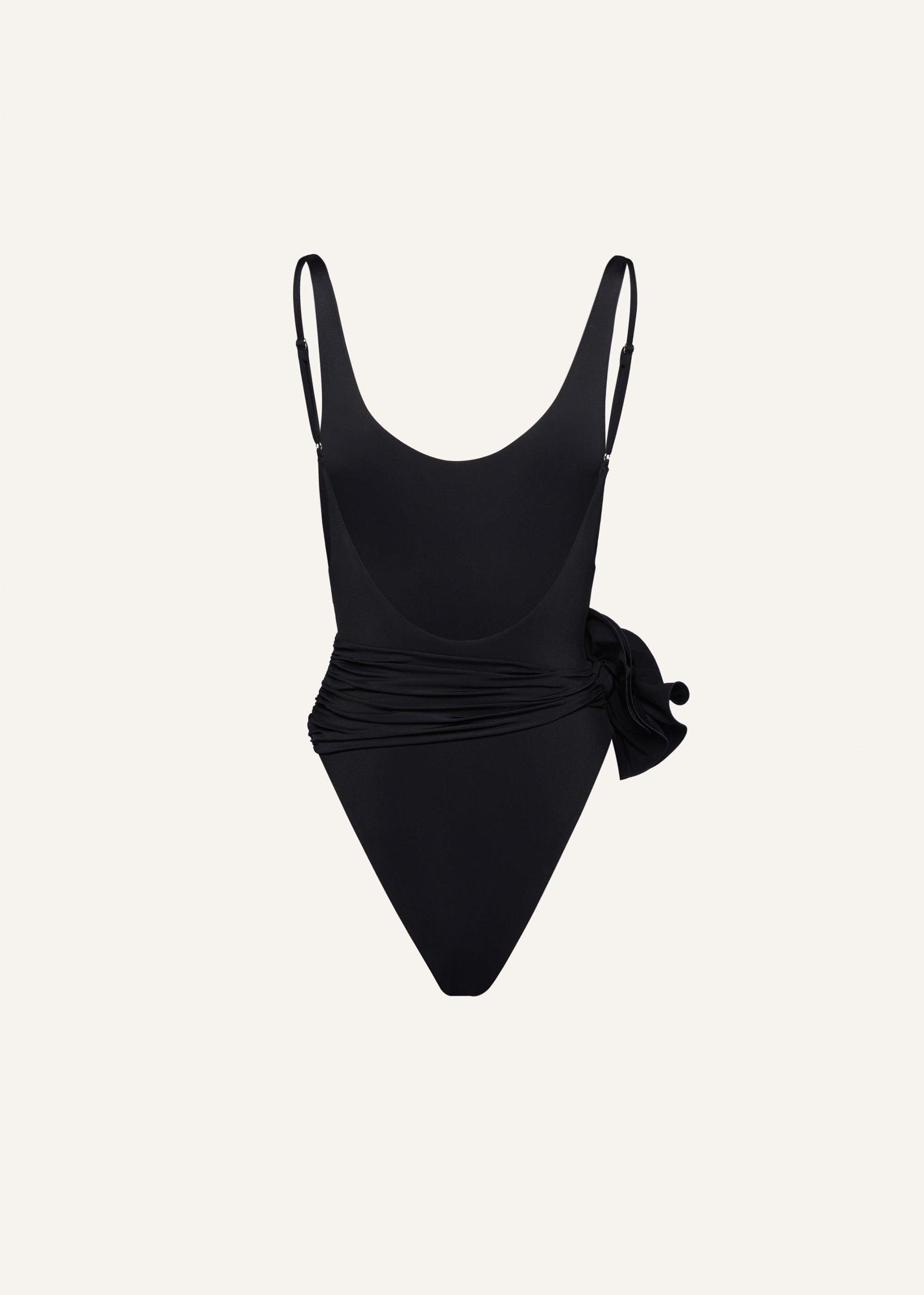 Flower scoop neck swimsuit in black Product Image